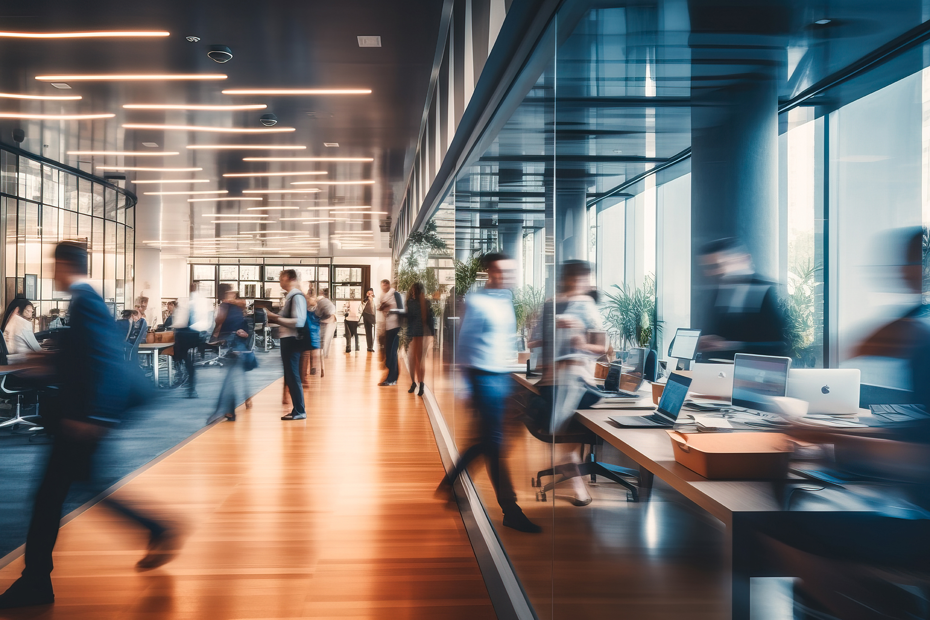 Bright business workplace with people in walking in blurred motion